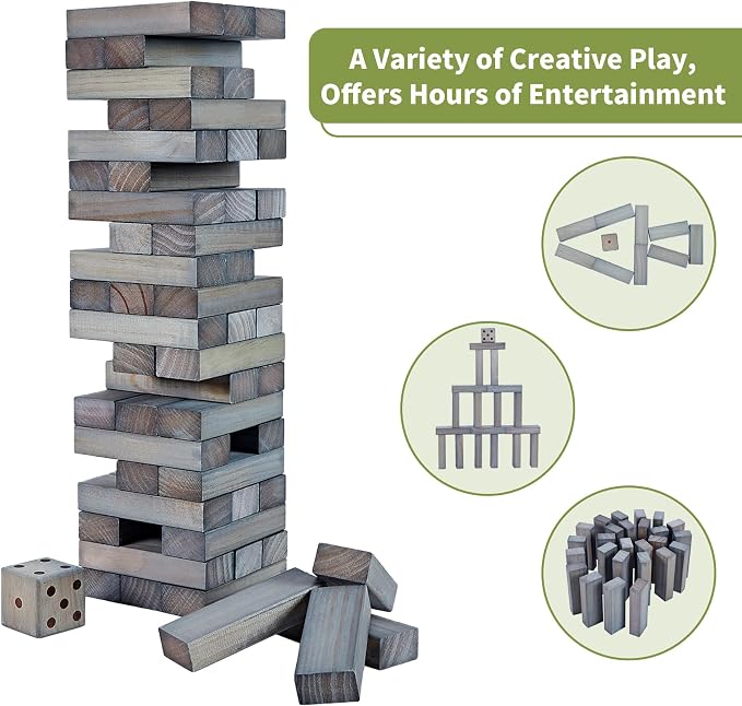 ApudArmis 54 PCS Tumble Timber Set Up to 3.2FT, Pine Wooden Tumble Tower Game with Dice and Scoreboard Set - Classic Block Stacking Board Game for Adults Teenagers (Gray)
