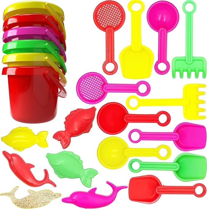 144-Pack Mini Beach Day Playsets, 3.25" Sand Bucket Play Set Box Includes, Pail, Shovel, Rake, Sifter Scoop, Dolphin Fish Sand Trays Toy for Boys and Girls Birthday Party Favor (144-Pack)