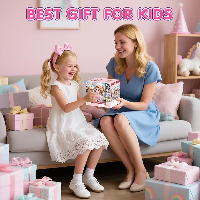 IFLOVE Princess Floor Puzzle for Kids — 48 Piece Jumbo Princess Castle Jigsaw Puzzle, Fairy Tale Puzzle with Prince Unicorn Castle, Educational Toy Birthday for Girls Boys Ages 3-8