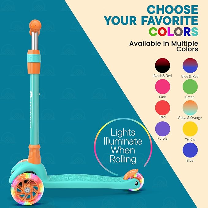 Outdoor Cruiser 3-Wheel Kids Scooter – with Lean-to-Steer Technology, Led Lighted Wheel, 4-Level Adjustable Height T-bar Handle, Support Kids Up to 150 Lbs, for Boys & Girls Ages 3-8, Aqua and Orange