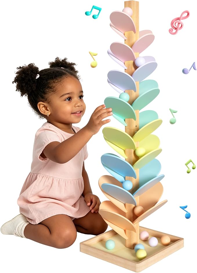 Wooden Marble Run Music Tree, Montessori Rainbow Singing Tree with 12 Extra-Large 3cm Balls, Color Sorting STEM Learning Toy, Wooden Ball Run Game Gift for Kids Ages 3+