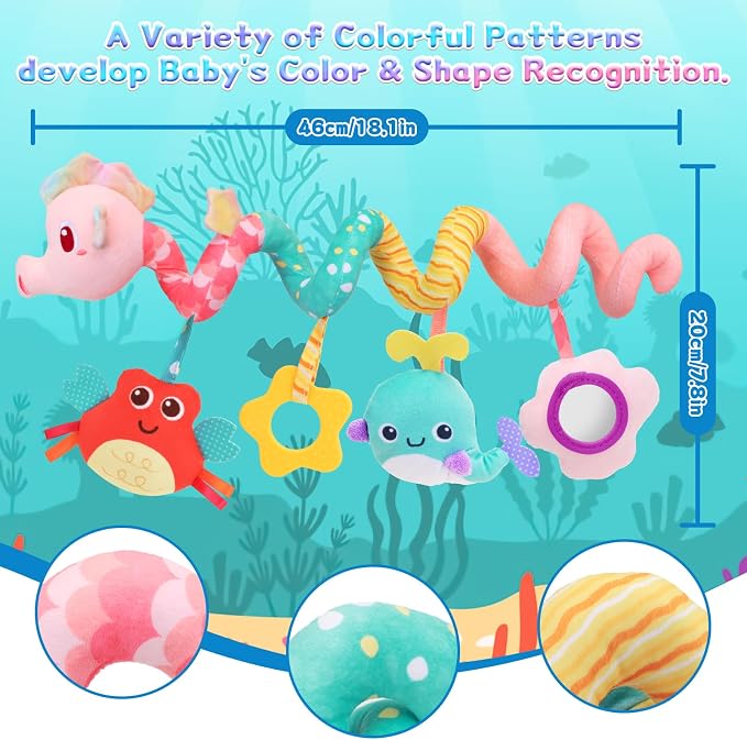 Car Seat Toys for Baby Toys 0-6 Months, Hanging Crib Stroller Toys with Rattle, Mirror, Crinkle, Squeaky Spiral Baby Activity Carseat Sensory Toys for Newborn Infants Girls Birthday Gifts