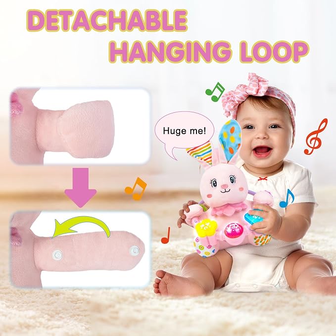 Ryotagift Baby Bilingual Musical Rabbit Stuffed Animals Toys,Infant Early Learning Toy with Light-Up Music & Crinkle,Tummy Time Toys for 0 3 6 9 12+ Months for Baby Boy Girl Easter Gift,Pink