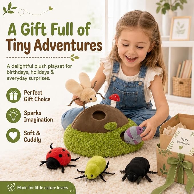Bug Plush Toy Set, 5 Beetle Stuffed Animals with Dirt Mound Plushie, Hide and Seek Zipper Storage Habitat, Ladybug and Roly Poly Plush Toys, Gift for Kids Insect Lovers, 12 Inch