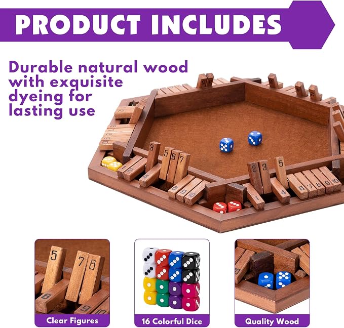 MNYUN Shut The Box Premium Wooden Dice Game - Handcrafted Board Game 2-6 Players, Educational Math Learning Games for Kids Adults, Classic Pub Games Family Party Gift Set
