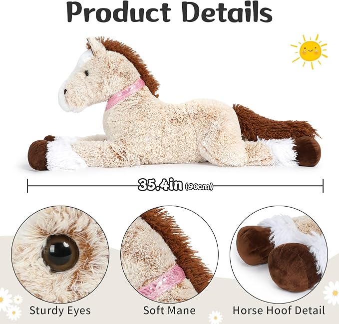 Tezituor 3ft Large Realistic Horse Stuffed Animal, 35 Inches Big Stuffed Pony Plush Toys for Boys Girls, Hugging Soft Horse Plush Body Pillow Christmas Birthday Gift