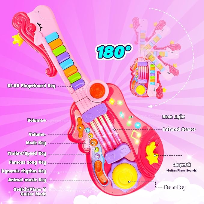 Kids Guitar Toy for 3 Year Old Girl Gift 2-in-1 Electric Guitars with Piano Mode for Toddlers Light Up Music Toys for 3 4 5 Year Old Girls Boys Gifts