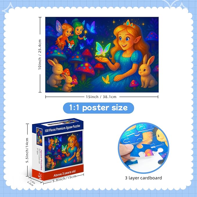 100-Piece Fairy Princess Puzzle for Kids Ages 4-6 6-8 8-10, Magical Forest Jigsaw with Elves, Bunnies & Glowing Butterflies –Educational Toys and Birthday Gift for Girls and Boys