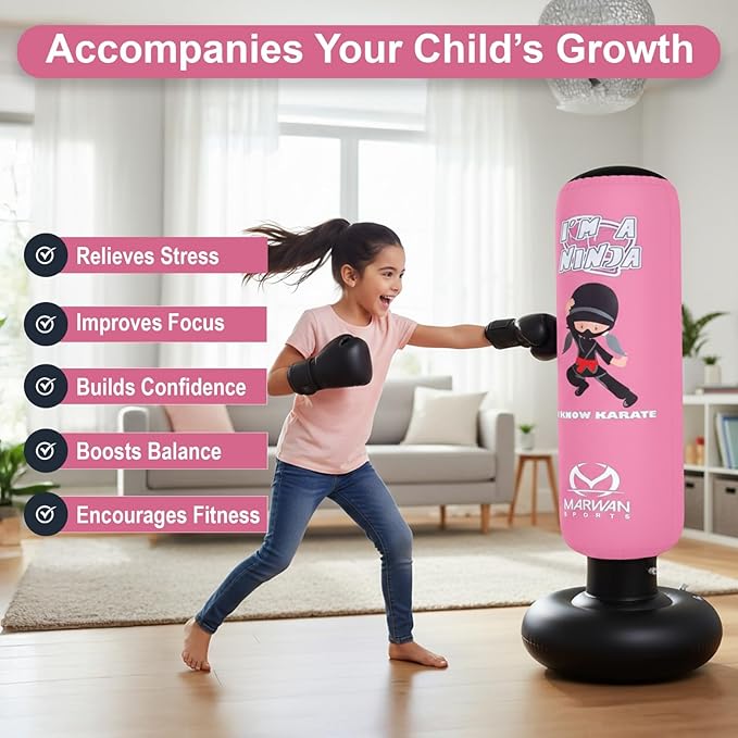 Marwan Sports Ninja Kids Punching Bag — Inflatable Sensory Toy & Birthday Gift for Boys & Girls Ages 4-12, 63" Freestanding 5-in-1 Kit, Indoor Apartment-Quiet Sensory-Friendly Active Play
