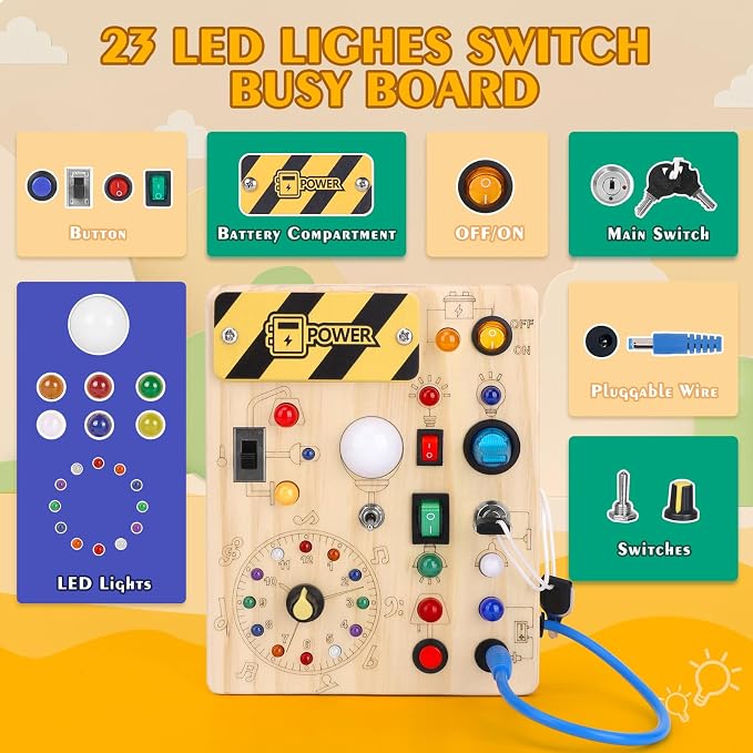 Hoarosall Montessori Toys Clock Wooden Busy Board with 11 LED Light switches, Tooddler Sensory Travel Toys for 1+ Year Old Baby and Toddler