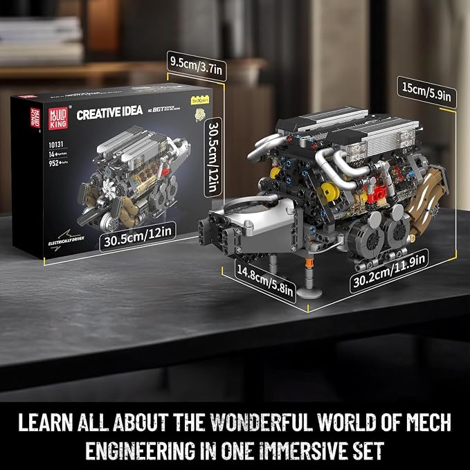 Mould King W16 Engine Building Blocks Set, Combustion Engine Model that Runs, Mini Engine Build Kit for Adults with Battery and Motor, Engineering Construction STEM Toy for Teens(952 Pcs)