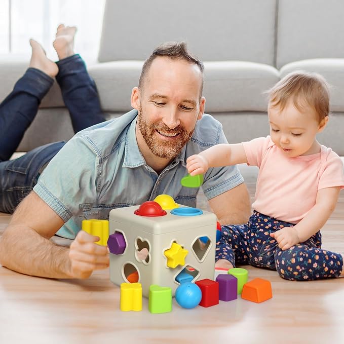 Kiddie Play Shape Sorter Learning Toys for Toddlers 16 pcs Baby Plastic Blocks Shape Sorting Cube