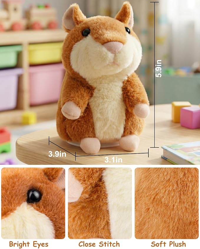 Ayeboovi Talking Hamster Repeats What You Say - Birthday Gifts for 3 4 5 6 Year Old Girls, Boys, Toddler, Kids - Stuffed Animal Toys for Learning, Interactive, Sensory, Companion - Brown