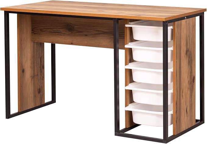 Desk with Drawers, Puzzle Table, Hobby & Activity Desk, Space-Saving Do-it-Yourself Desk, Small Modern Office Desk, Simple Pc Table with Bins (Rustic Brown)