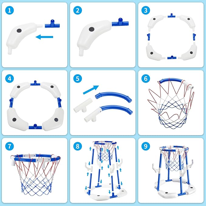 Sitodier Pool Basketball Hoop for Kids, 2-in-1 Floating Pool Water Play Toys and Ring Game with 4 Balls and Pump, Outdoor Summer Swimming Pool Basketball Games Family Party for Kids Adults (Blue)
