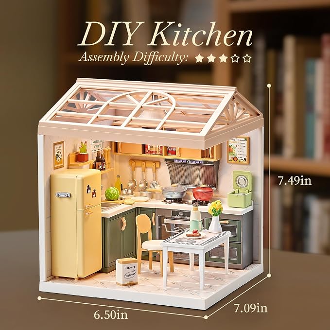Miniature Kitchen DIY House Kit – 126Pcs Cooking Room Furniture Set with Plug-in LED Light & Modular Base, 1:24 Scale Model for Kids 8+, Teens & Hobbyists