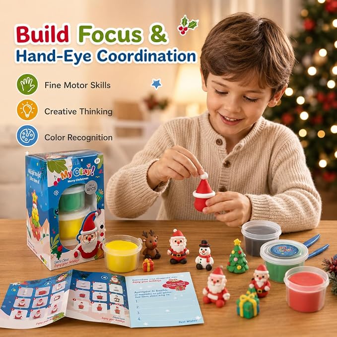 Air Dry Clay for Kids, 4 Christmas Mini Modeling Clay Sets, DIY Snowman Model Magic Clay Kit with Tools & Tutorials, Christmas Stocking Stuffers for Kids, Creatible Art Crafts Toys Gifts Xmas Gift