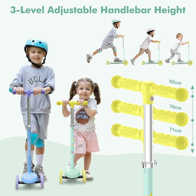 TONBUX Kids Scooter for Ages 3-5, Toddler Scooter with Light-Up Deck and Wheels, Adjustable 4-Level Height 3-Wheel Scooters for Kids, Lean-to-Steer Design
