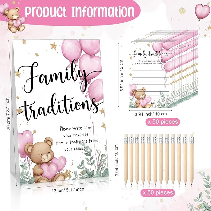 Fumete 61 Pieces Family Tradition Baby Shower Games Include 1 Family Traditions Standing Sign and 50 Activities Cards with 10 Pencils for Gender Reveal Bridal Shower Wedding(Pink,Bear)