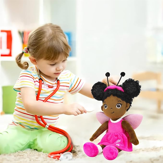 Black Baby Doll,Blacks Dolls African American Stuffed Toy,12” Rag Dolls for Girls Soft Gifts,Brown Doll Fairy Baby Toy Plush Toys for Christmas Birthday Party(Small-Black Butterfly)