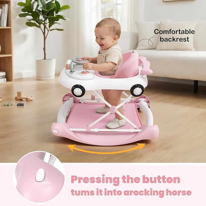 5-in-1 Convertible Baby Walker with Steering Wheel Music Activity Center – Infant Rocker, Jumper, Push Walker, Bouncer & Feeding Foldable Walker for Ages 6-18 Months Boys Girls (Pink)