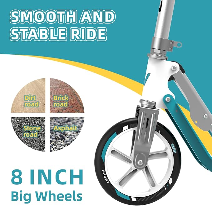 Adult Scooter with Big Wheels | Adjustable Height, Foldable Aluminum Frame | Smooth Ride for Urban Commuting and Outdoor Fun | Suitable for Teens 8-12 | 220 lbs Weight Limit