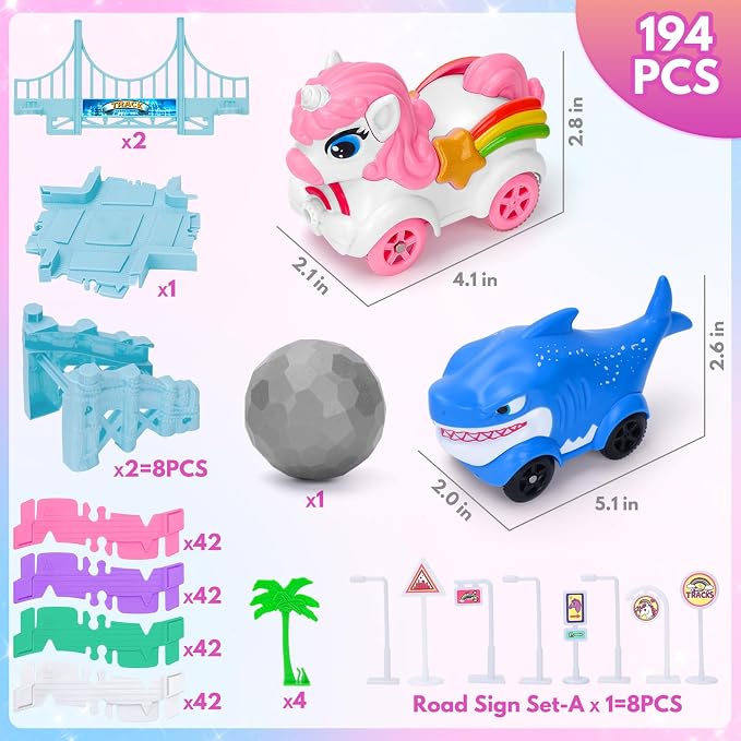 194PCS Unicorn Race Track for Kids Ages 4-8: Flexible Racetrack Toy Car Track Set with Unicorn & Shark Monster Trucks, Great Toys for 3 4 5 Year Old Girls Gifts, Toddler Girls Boys Age 3-6