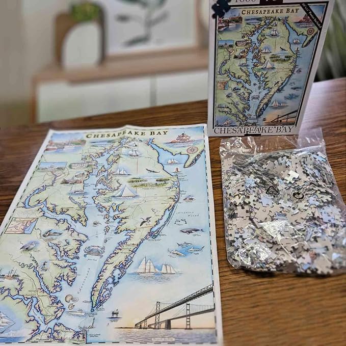 Chesapeake Bay Map Jigsaw Puzzle – 1000 Pieces, Hand-Drawn Artwork, Educational Family Puzzle, Includes Poster – 19.8” x 26.4”
