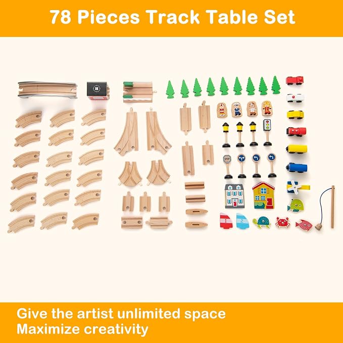 INFANS Train Table with Storage, 78 Pieces Wooden Kids Activity Toy Table Playset with Reversible Detachable Tabletop, Tracks, Train, Railway, City, Gift for Toddler Boys Girls Ages 3+