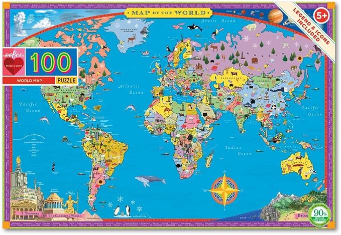 eeBoo 100 Piece Puzzle for Kids - World Map Children's Puzzle Geography Themed, Large Pieces for Small Hands to Develop Motor Skills