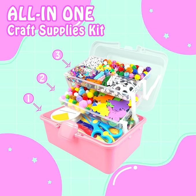 3000Pcs Arts and Crafts Supplies for Kids Craft Kits with Pipe Cleaners Crafting Supply All in 3 Layered Craft Box DIY Crafts for Kids Ages 4-8 8-12 Homeschool Supplies Toys Gifts for Girls & Boys