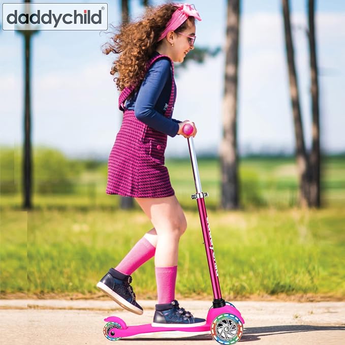 3-Wheel Kick Scooter for Kids Ages 3-8 Lean-to-Steer Toddler Scooter with Extra Wide Light Up Wheels, 4 Adjustable Heights, Foldable Scooters for Boys & Girls, Max Weight 110lbs