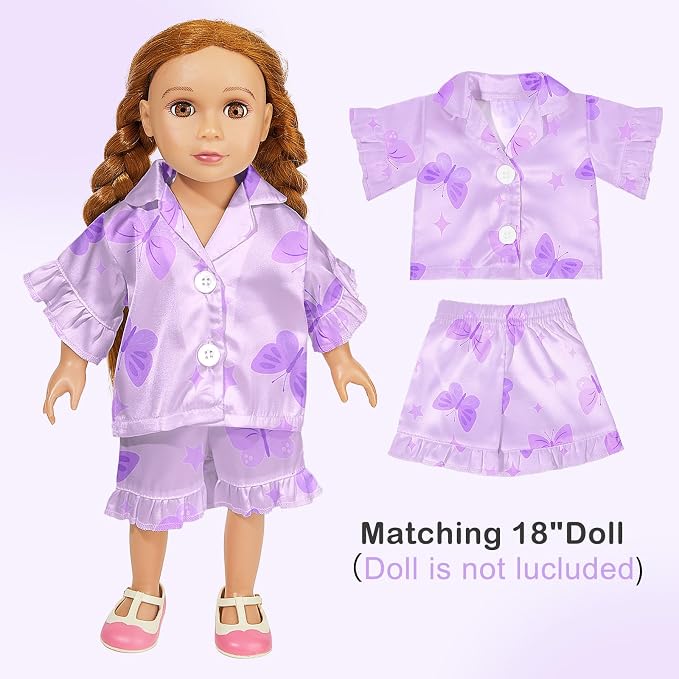 ICOSY Matching Doll & Girls Silk Pajamas Satin Pjs for Girls Button-Down Top and Shorts for 18" Doll Girl Clothes