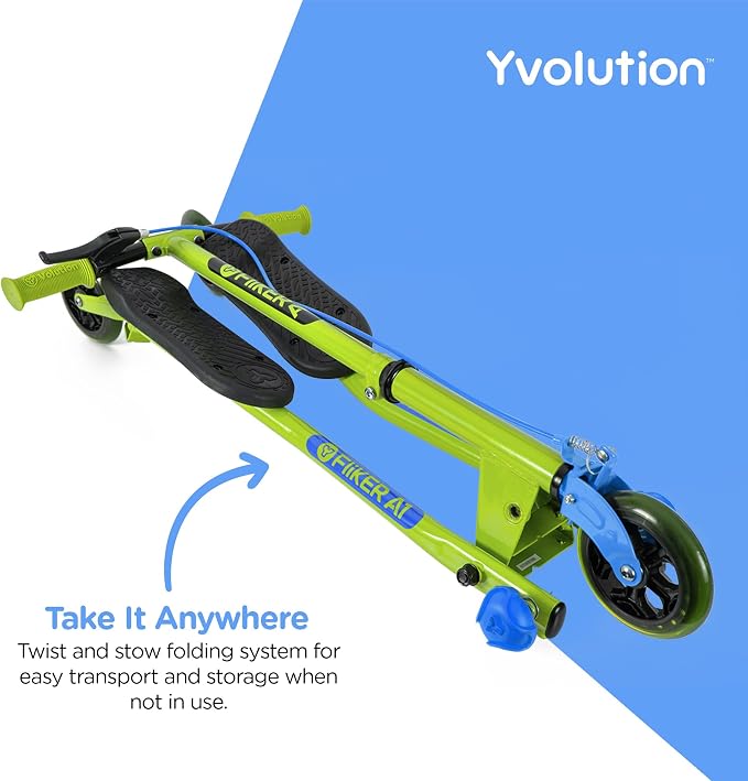 Yvolution Y Fliker A1 Drift Scooter – 3-Wheel Wiggle Scooter for Kids Ages 5-8 – Self-Propelling, Foldable Design with Hand Brake – Max Weight 110 lbs – Pink/Green