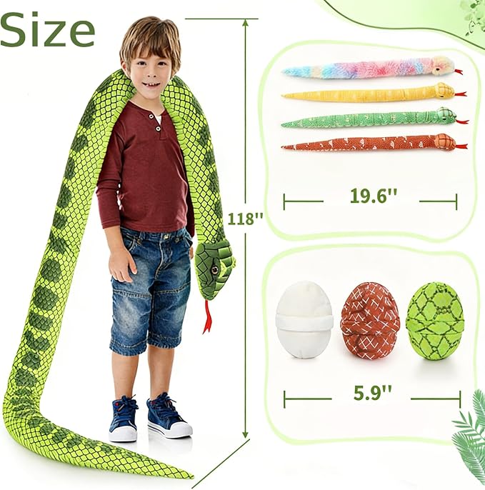 MaoGoLan 118 inch Giant Green Stuffed Snake, Realistic Mommy Snake with 4 Babies & 3 Eggs Plush Toy, Large Green Boa Constrictor Stuffed Animal for Boys Girls Kids Christmas Easter Gift