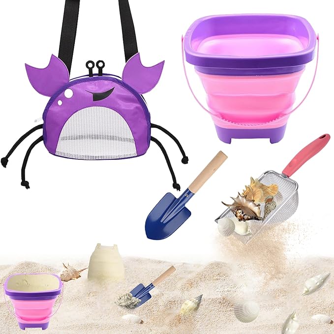 4PCS Beach Toy Mesh Shovel and Mesh Beach Bag Seashell Bag with Foldable Beach Bucket & Shovel,for Sand Filter & Collect Shells (Purple Crab