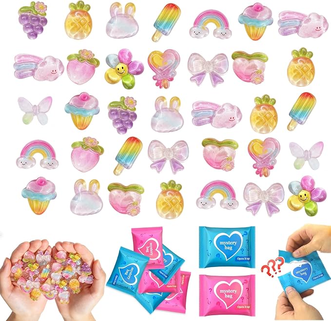 50PCS Rainbow Mystery Blind Bag Mini Toy Set, Colorful Mini Resin Charms Bulk, Cute Surprise Toys, DIY Slime Accessories, Mini Figures for Crafts, Dollhouse Decoration, Party Favor Gift for Kids