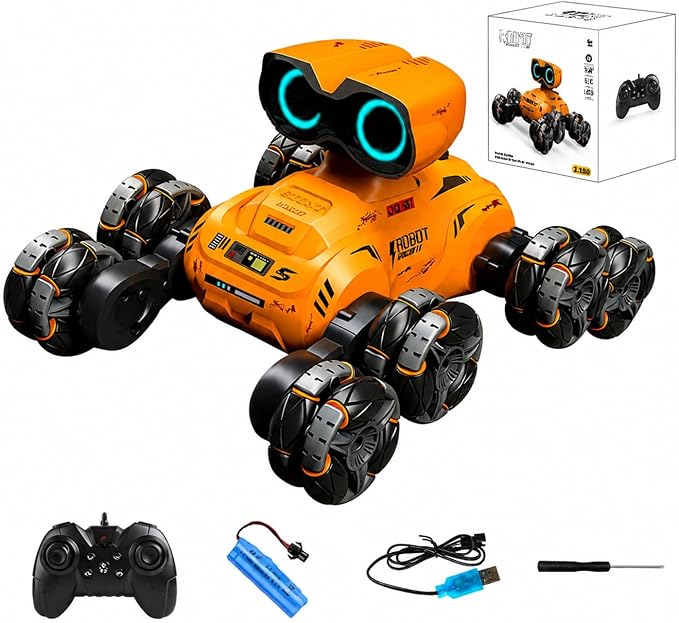 Robot Toys for Kids, 8 Wheels RC Stunt Car with LED Eyes, Lights & Music, Flexible Head, 360° Rotation, All-Terrain Remote Control Robot Car with Auto Demo, Gift for Boys Girls 3+ Years Old, Orange