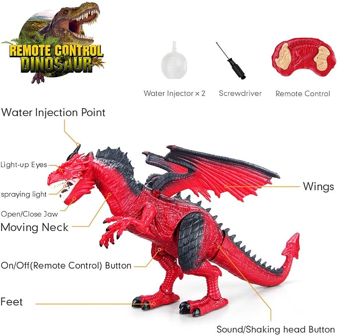 Betheaces Remote Control Dinosaur,Dragon Toy for Kids Boys Girls Red Dragon Figures Learning Realistic Looking Large Size with Roaring Spraying Light Up Eyes for Birthday Xmas Gifts (Style-1)