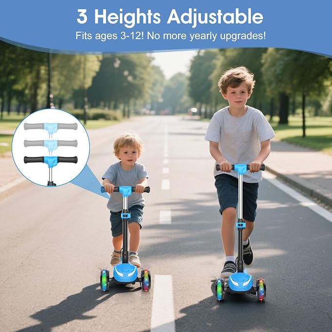 Electric Scooter for Kids Ages 3-8, 3 Wheels Electric Scooter, Electric Kick Scooter with 2 Speeds, Long Battery Life, Flashing LED Wheels, Adjustable Height, B2 with Bluetooth Music for Boys/Girls