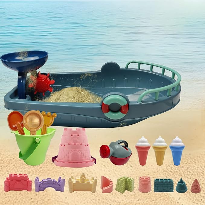 IOKUKI Long Shovels Sand Toys Set with Mesh Bag Including Bath Boat, Castle Building Kit Beach Buckets, Shovels, Rakes, Molds, Outdoor Beach Toys Tool Kit for Kids, Toddlers, Boys and Girls - 31 PCS