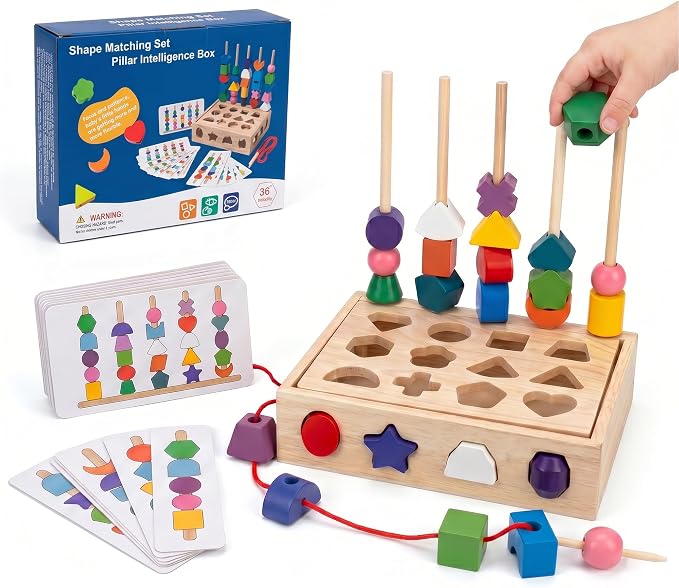 4 in 1 Montessori Wooden Shape Sorter Toy, Color Sorting Stacking Sequencing and Lacing Beads with Pattern Cards, Fine Motor Skills Learning Toy for Toddlers Preschool Boys Girls