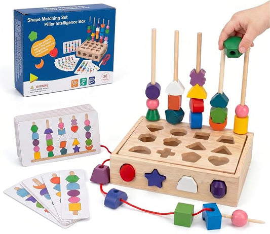 4 in 1 Montessori Wooden Shape Sorter Toy, Color Sorting Stacking Sequencing and Lacing Beads with Pattern Cards, Fine Motor Skills Learning Toy for Toddlers Preschool Boys Girls