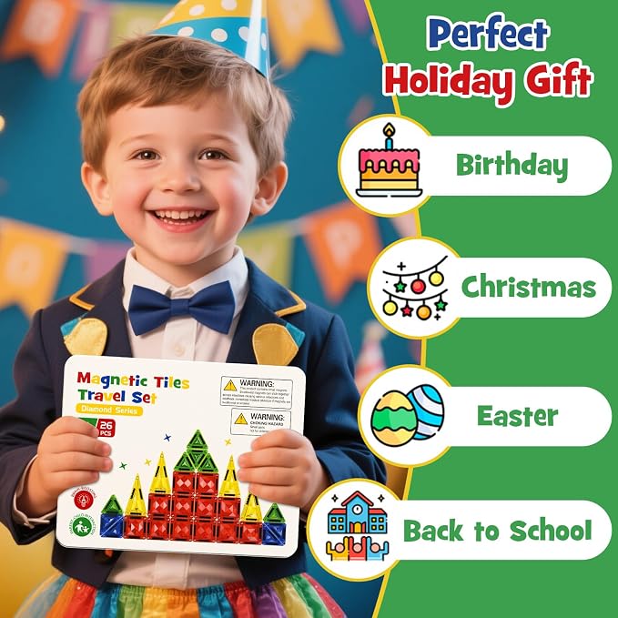 WMXDU Magnetic Tile Mini Diamond Set Travel Size Magnetic Building Toys with Iron Case, Kid's Travel Essential On-The-Go Magnet Construction Toy Set STEM Development Kit Ages 3+, 26-Piece
