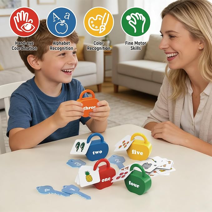 Montessori Lock and Key Toddler Toys, Cause and Effect Sensory Learning Toys for 1 2 3 Year Old, Number Counting & Matching Game, Fine Motor Skills Preschool Travel Activities