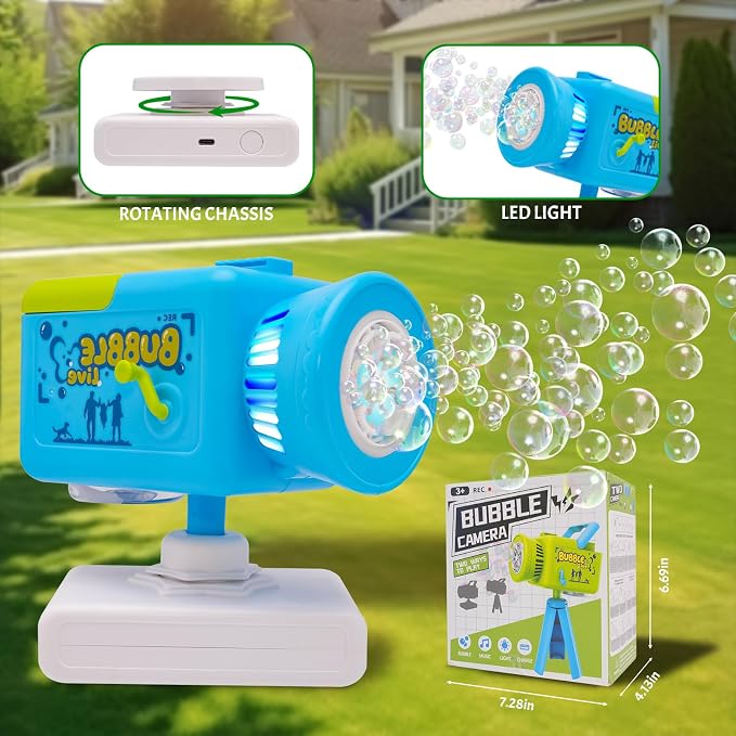 Camera Bubble Machine,Large Capacity Automatic 360° Rotation Kids Bubble Blower with Music&Lights, Rechargeable Portable Kids Bubble Toys for Indoor,Outdoor,Birthday,Patry & Wedding (Blue)