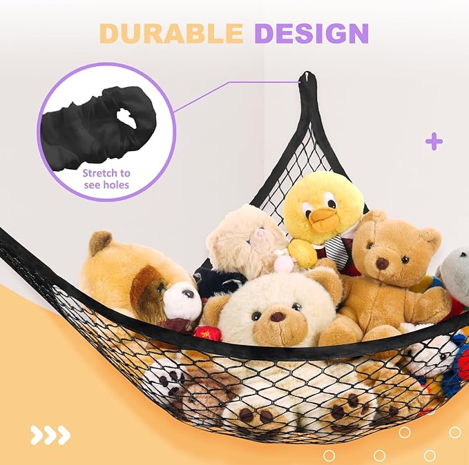 Lazebox Stuffed Animal Net Hammock for Plushie Toys, Stuffed Animal Hammock Corner for Kids' Room Decor, Ideas for Organizing Stuffy Collection, Black, L (67" x 40" x 40")-Pack of 2
