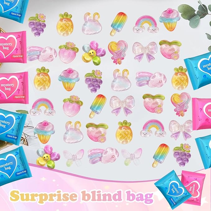50PCS Rainbow Mystery Blind Bag Mini Toy Set, Colorful Mini Resin Charms Bulk, Cute Surprise Toys, DIY Slime Accessories, Mini Figures for Crafts, Dollhouse Decoration, Party Favor Gift for Kids