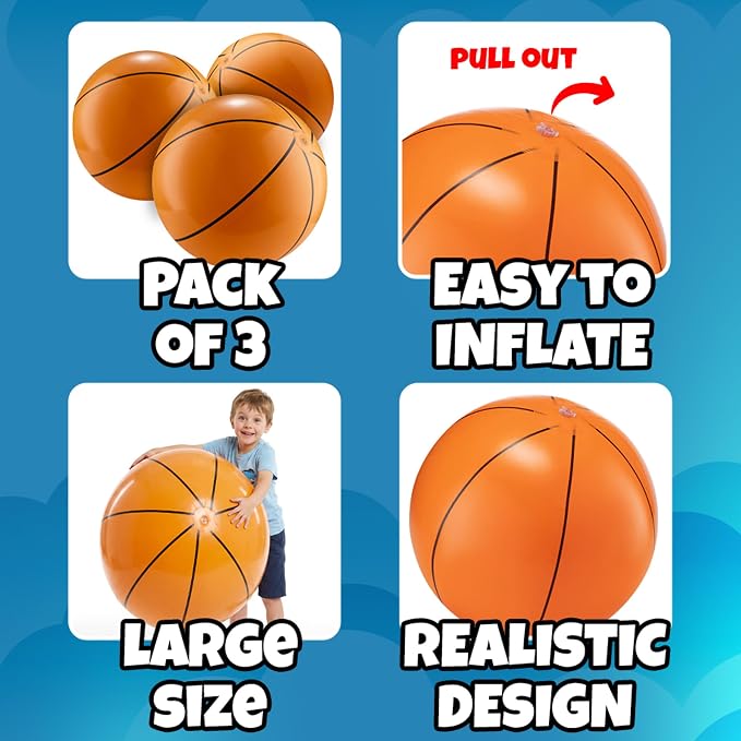 24-Inch Giant Beach Balls - (3-Pack) Inflatable Basketball Beach Balls - Extra Large Blow Up Pool Balls for Kids, Summer Pool Toys, Basketball Party Decorations & Sports Theme Decorations