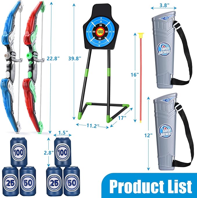 Bow and Arrow for Kids : LED Light Up Archery Set with 24 Suction Cup Arrows, 1 Standing Target, 6 Score Targets & 2 Quiver | Indoor Outdoor Sport Gifts for Boys Girls Ages 4 5 6 7 8 9 10 | 2 Pack